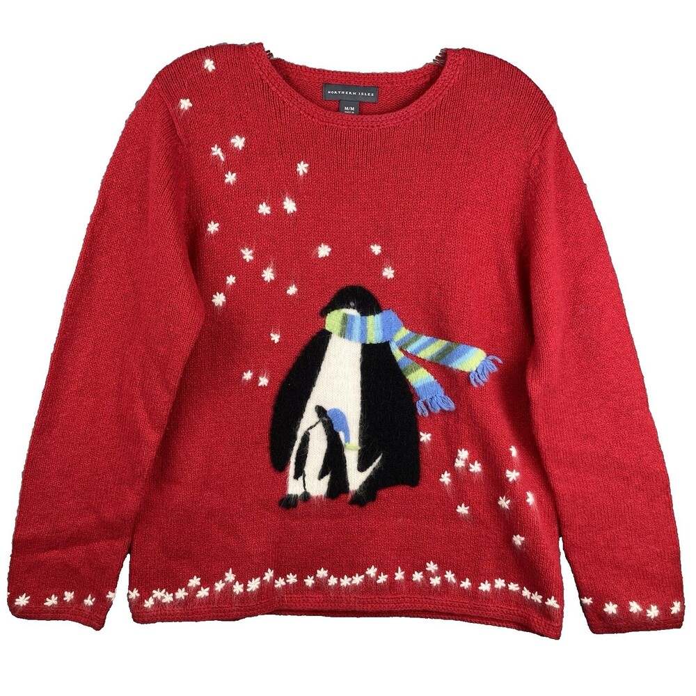 VTG Y2K Northern Isles Holiday 3D Penguin Sweater M Ramie Cotton Wool Rabbit Fur
